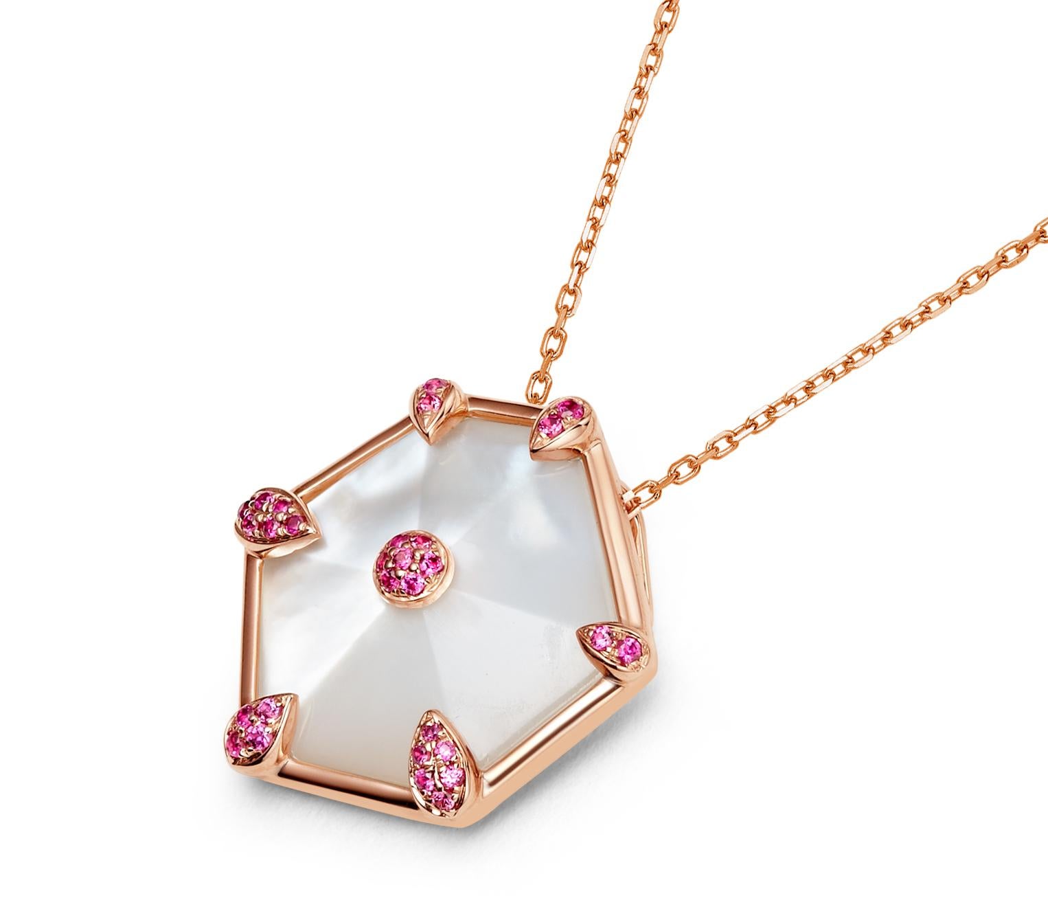 Description:
Nova large hexagon pendant 0.086ct pink sapphires and 3.5ct mother of pearl, set in 18ct rose gold with a high polish.

Inspiration
The Nova Collection embodies the essence of freedom and having the courage to explore new adventures –