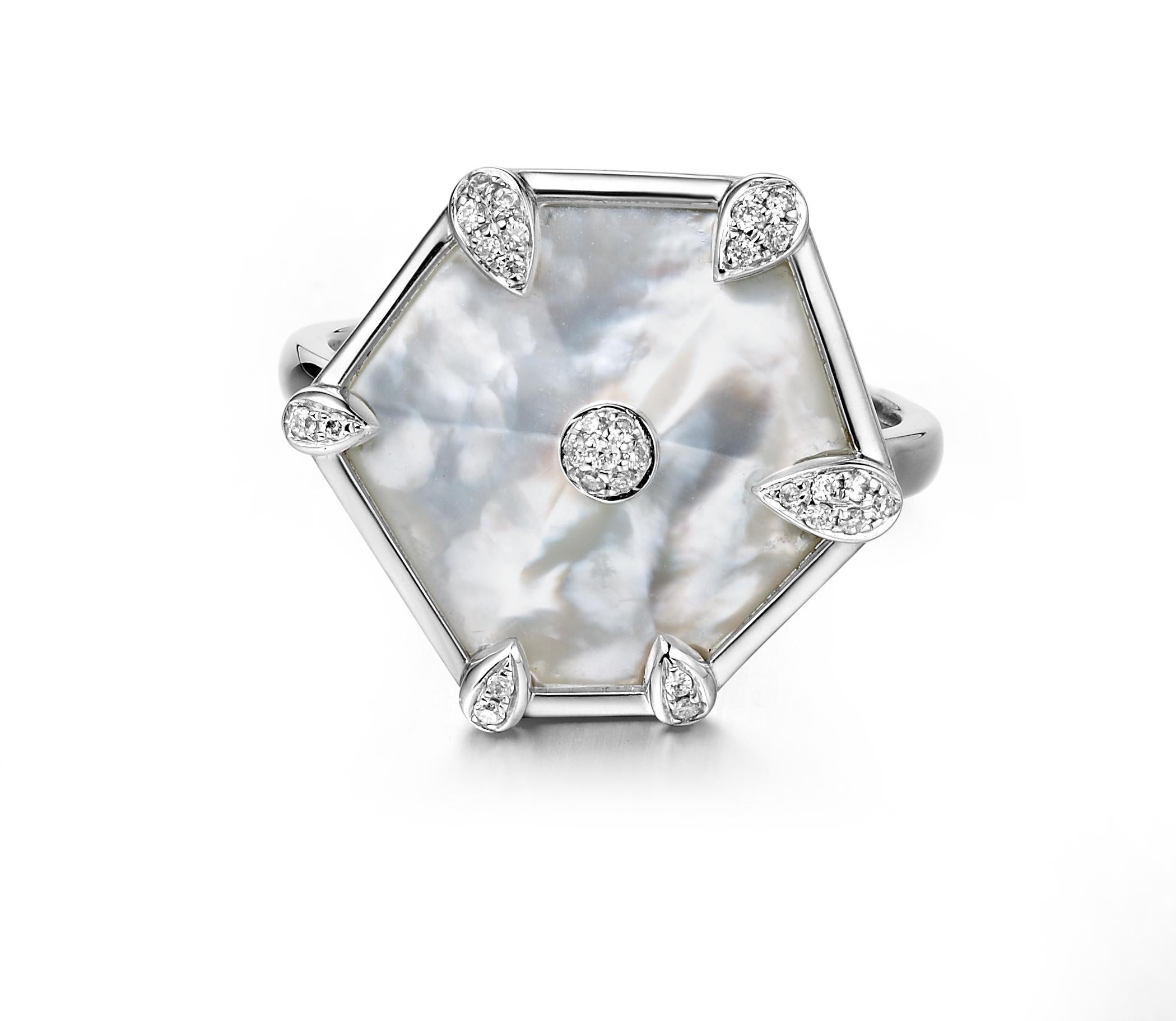 Description:
Nova hexagon ring with 0.086ct white diamonds and 3.5ct mother of pearl, set in 18ct white gold with a high polish.

Inspiration
The Nova Collection embodies the essence of freedom and having the courage to explore new adventures – much