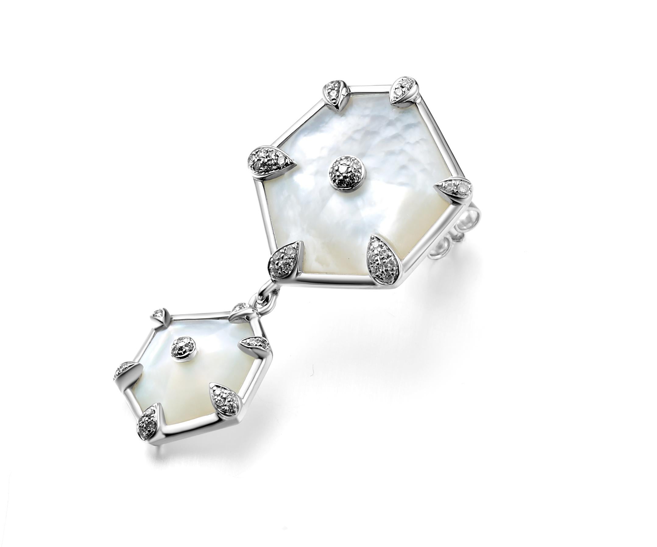 Description:
Nova hexagon stud drop earrings 0.268ct white diamonds and 10ct mother of pearl, set in 18ct white gold with a high polish.

Inspiration
The Nova Collection embodies the essence of freedom and having the courage to explore new