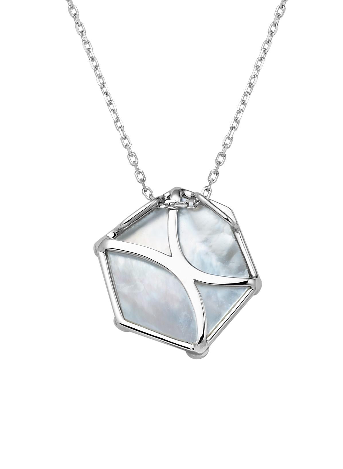 Description:
Nova large hexagon pendant 0.086ct white diamonds and 3.5ct mother of pearl, set in 18ct white gold with a high polish. Chain length is 16 inches + 2 inch extension.

Inspiration
The Nova Collection embodies the essence of freedom and