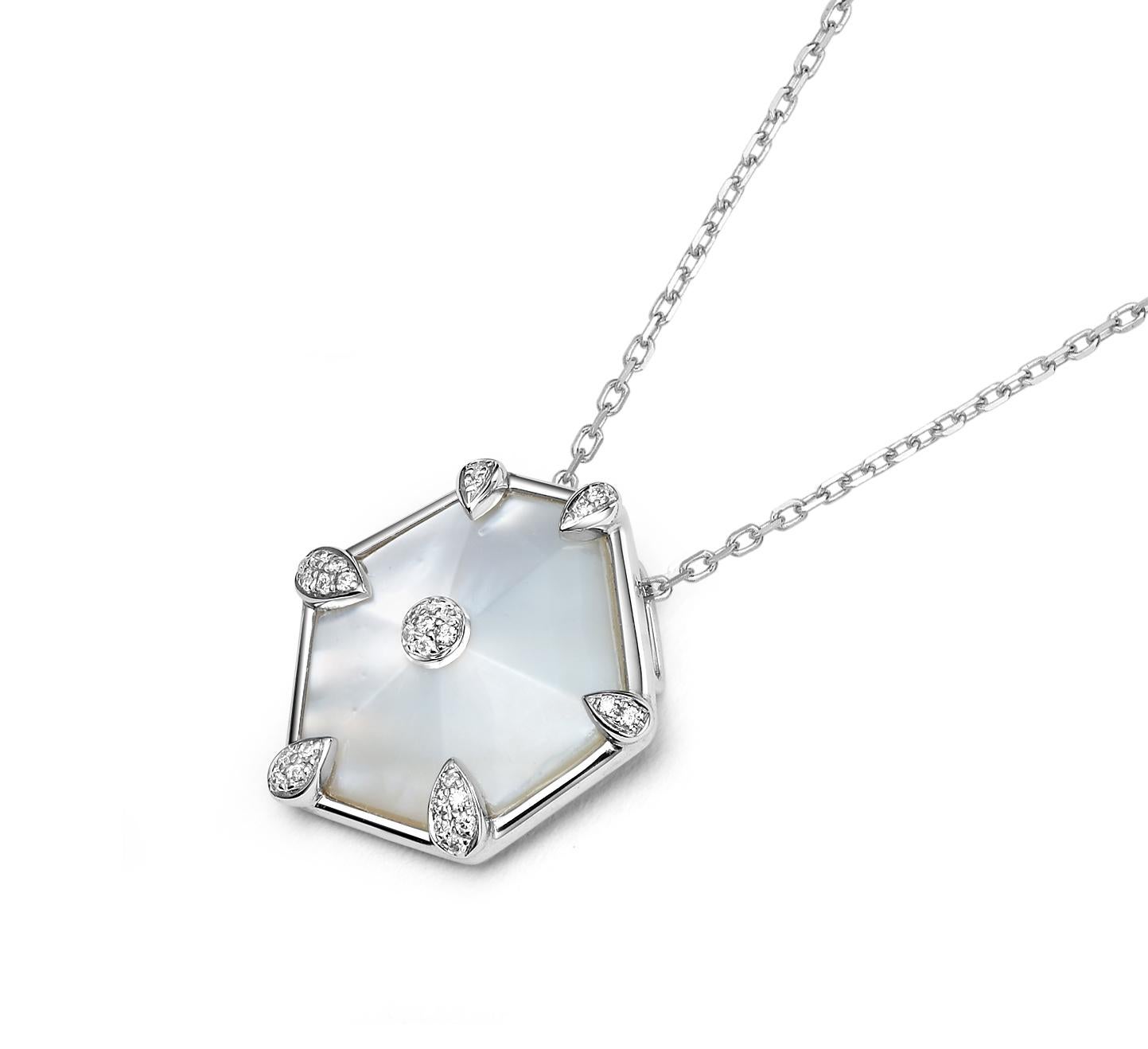 Contemporary Fei Liu Mother of Pearl Diamond 18 Karat White Gold Hexagon Pendant Necklace