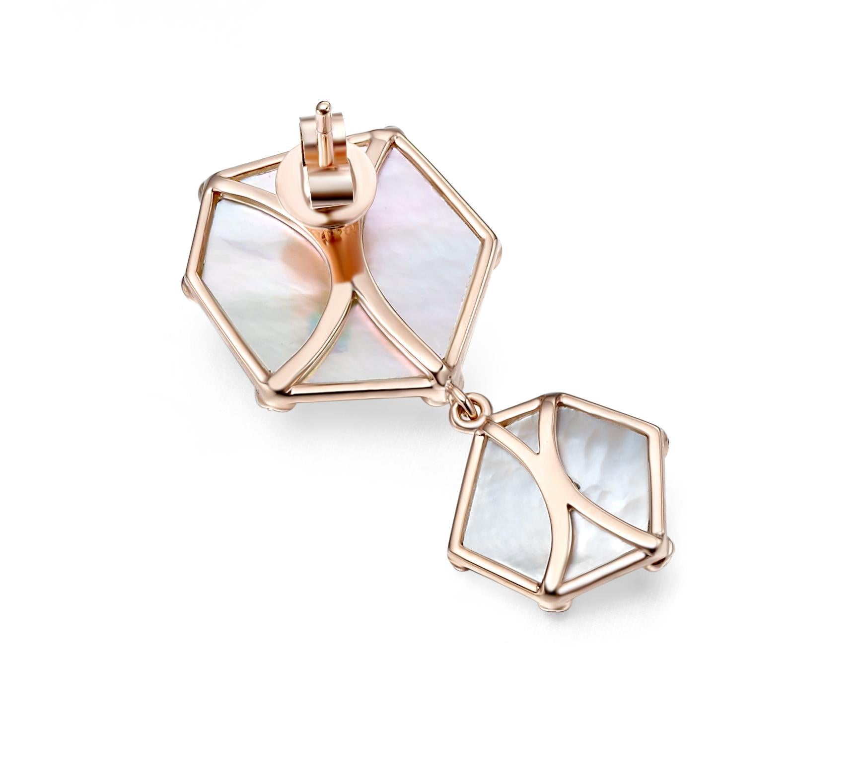 Description:
Nova hexagon stud drop earrings 0.268ct pink sapphires and 10ct mother of pearl, set in 18ct rose gold with a high polish.

Inspiration
The Nova Collection embodies the essence of freedom and having the courage to explore new adventures