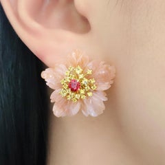 Fei Liu Indian Jasper, Ruby and Yellow Sapphire 14 Karat Gold Flower Earrings