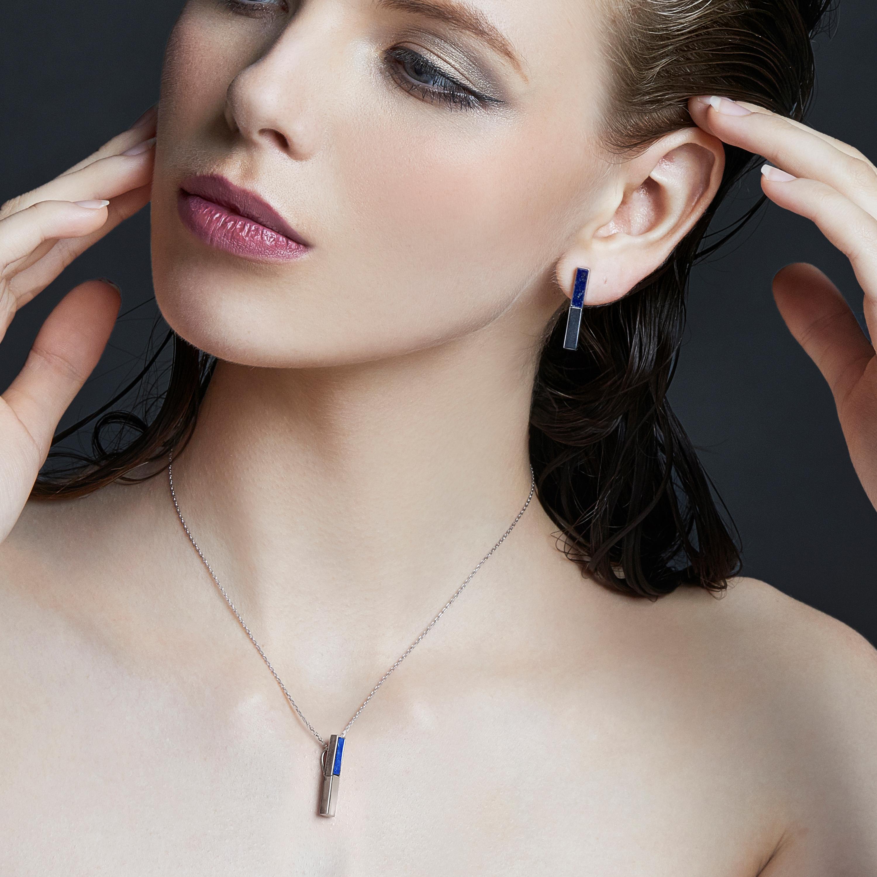 Baguette Cut Fei Liu Lapis Lazuli Sterling Silver Pendant Drop Earrings Set