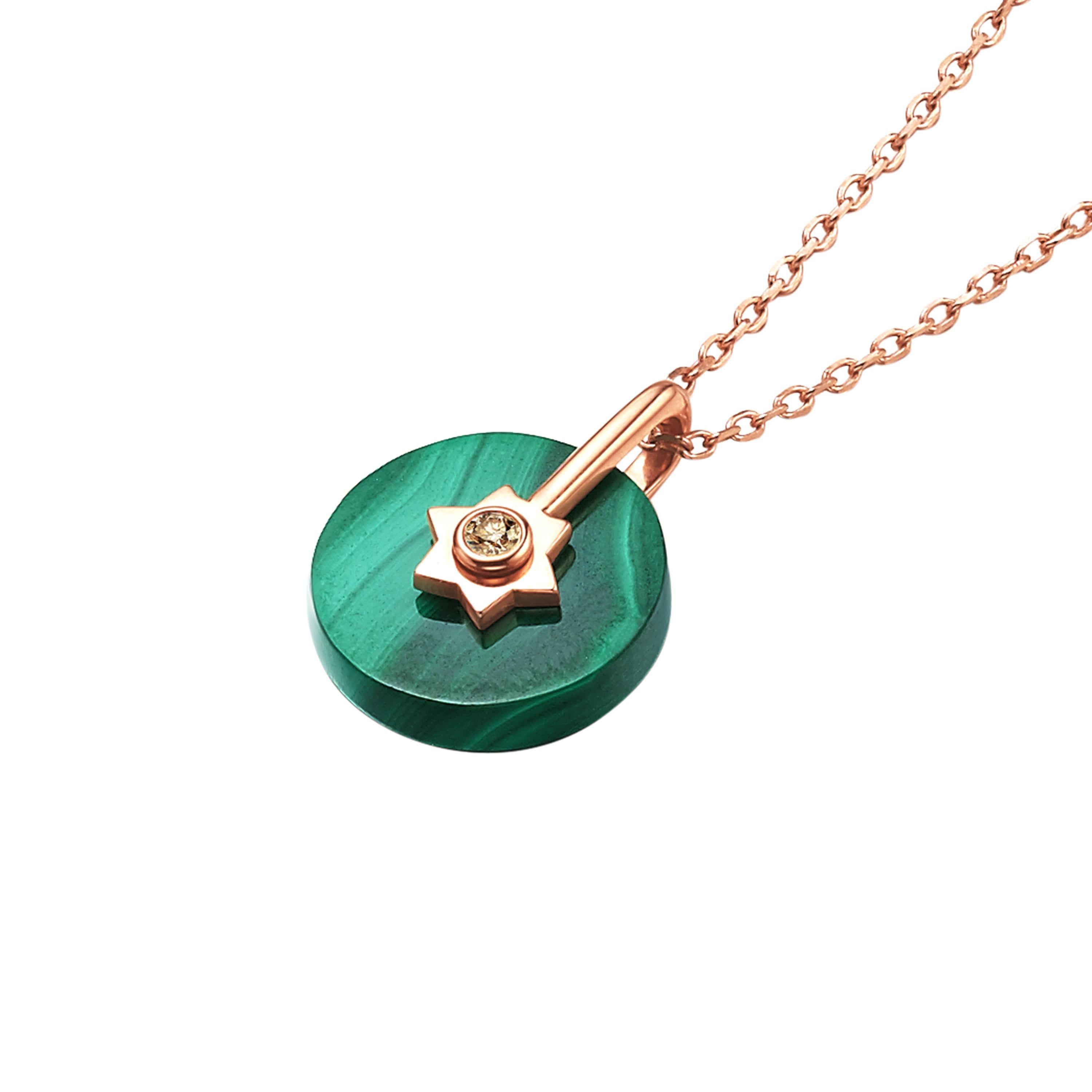 Contemporary Fei Liu Malachite Diamond 14 Karat Rose Gold Star and Moon Necklace For Sale