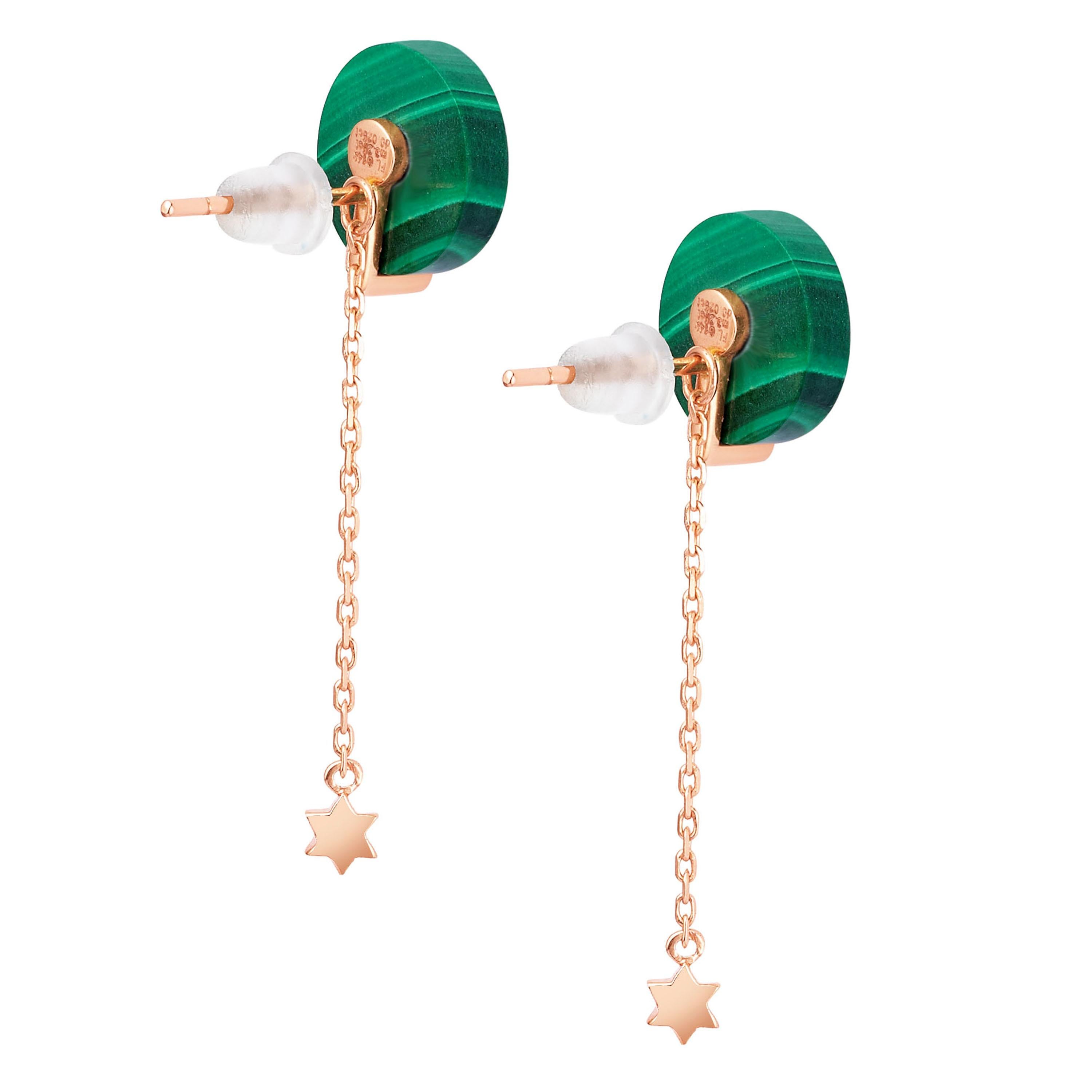Contemporaneo Fei Liu - Orecchini pendenti con malachite e diamanti in oro rosa 14 carati - due pezzi in vendita