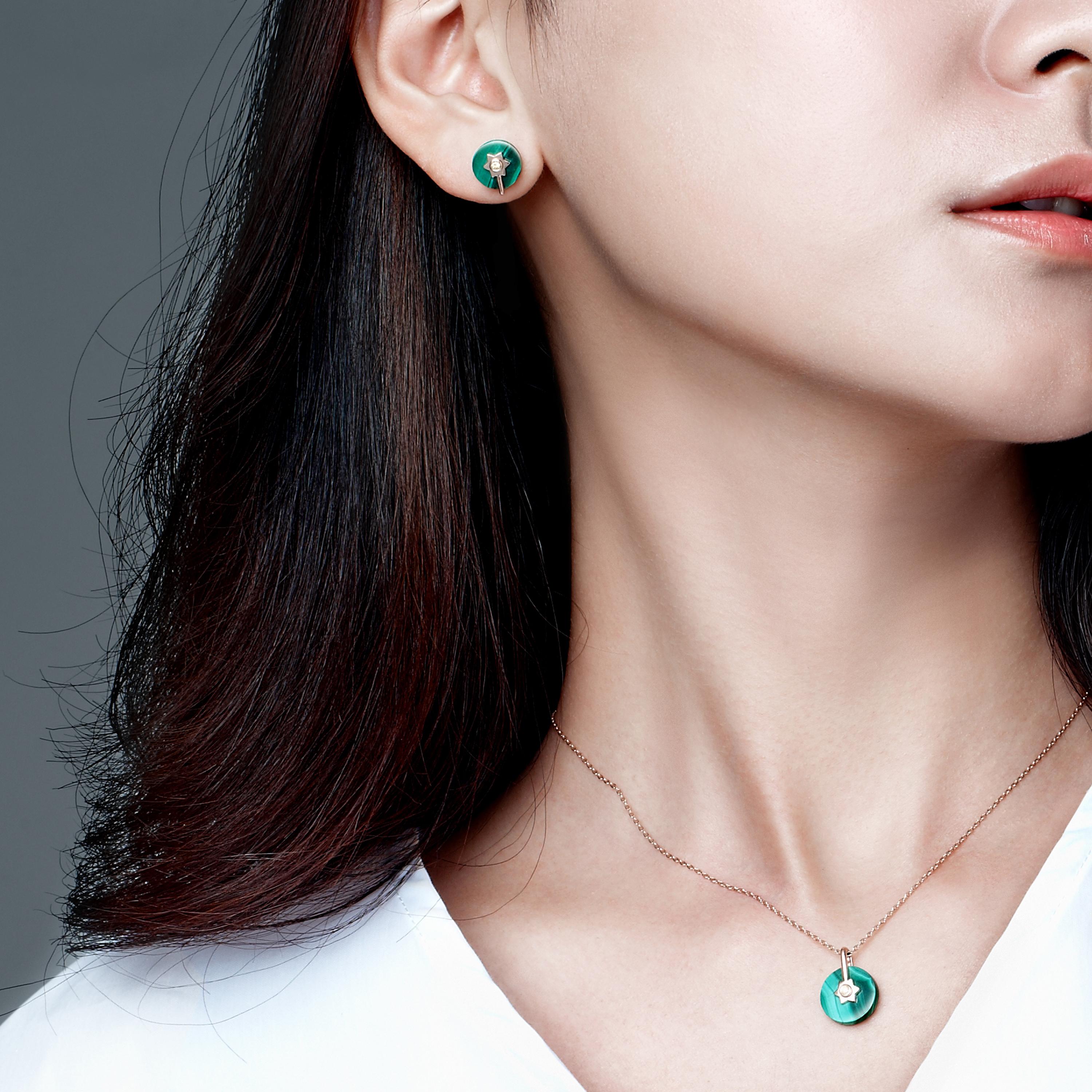 Contemporary Fei Liu Malachite Diamond 14 Karat Rose Gold Two-Piece Stud Dangle Earrings