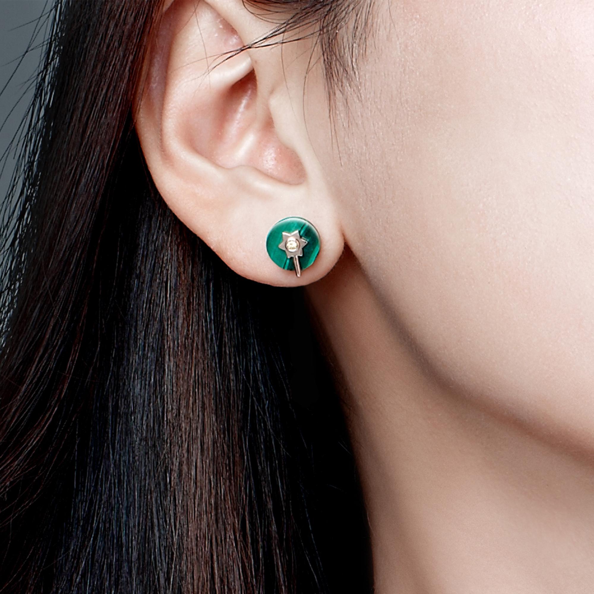 Zweiteilige Fei Liu Malachit-Diamant-Ohrstecker aus 14 Karat Roségold Damen im Angebot