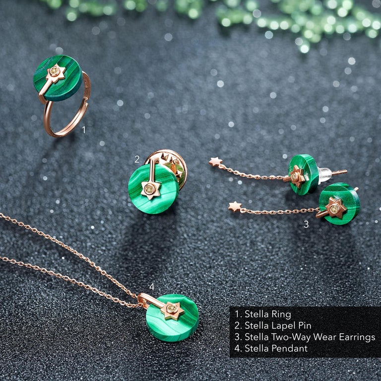 Women's Fei Liu Malachite Diamond 14 Karat Rose Gold Two-Piece Stud Dangle Earrings For Sale
