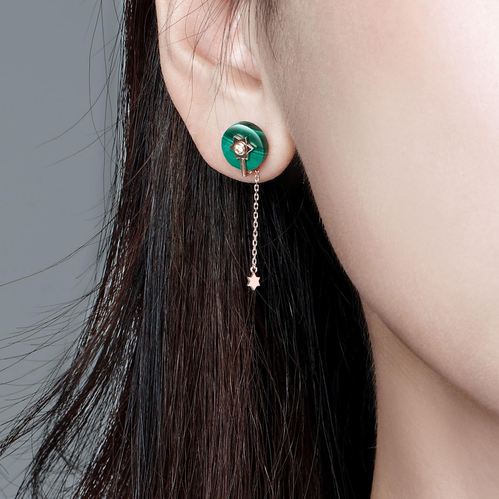 Zweiteilige Fei Liu Malachit-Diamant-Ohrstecker aus 14 Karat Roségold im Angebot 1