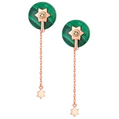 Fei Liu Malachite Diamond 14 Karat Rose Gold Two-Piece Stud Dangle Earrings