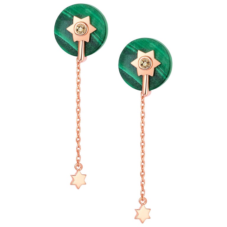 Fei Liu Malachite Diamond 14 Karat Rose Gold Two-Piece Stud Dangle Earrings For Sale
