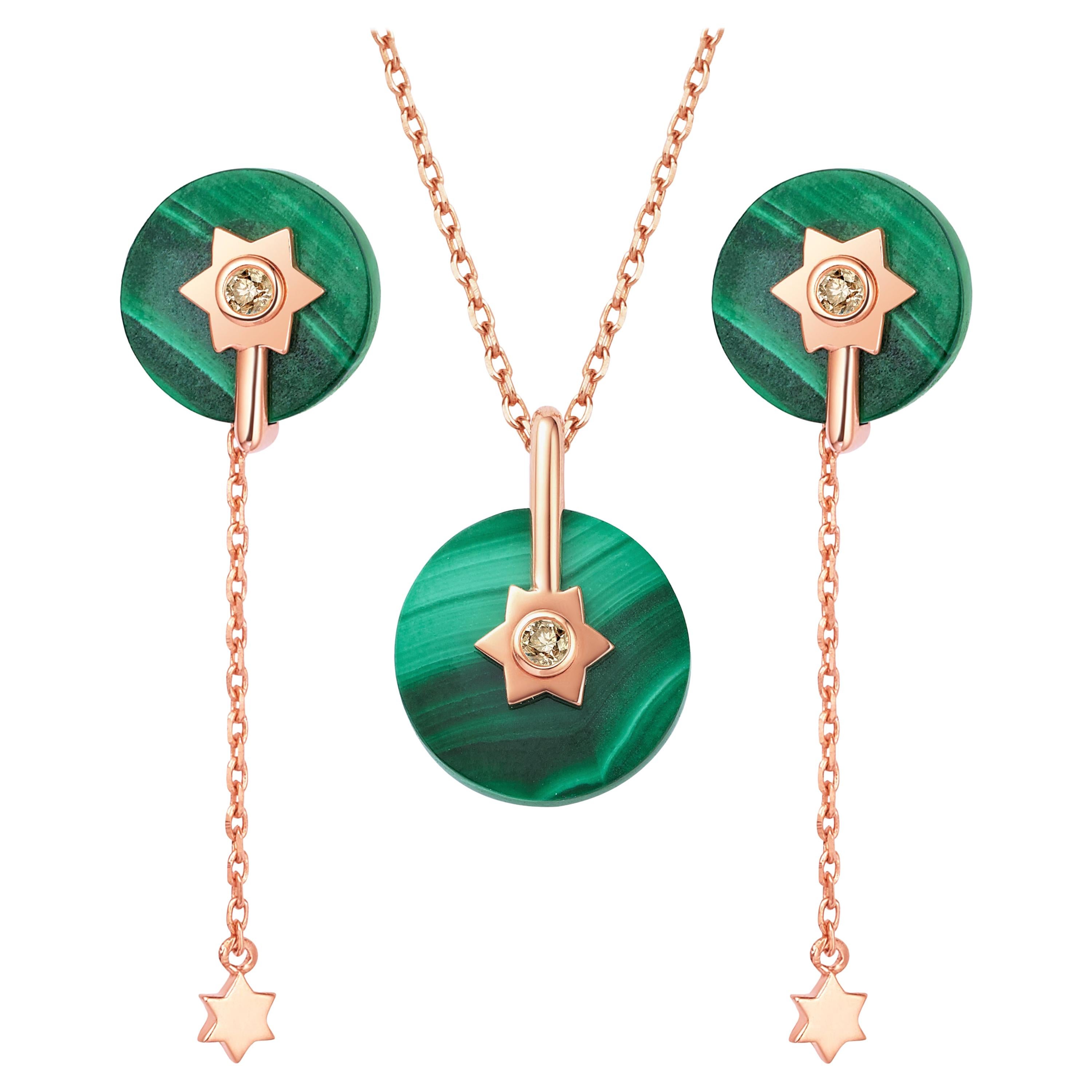 Fei Liu Malachite Diamond Rose Gold Necklace Earrings