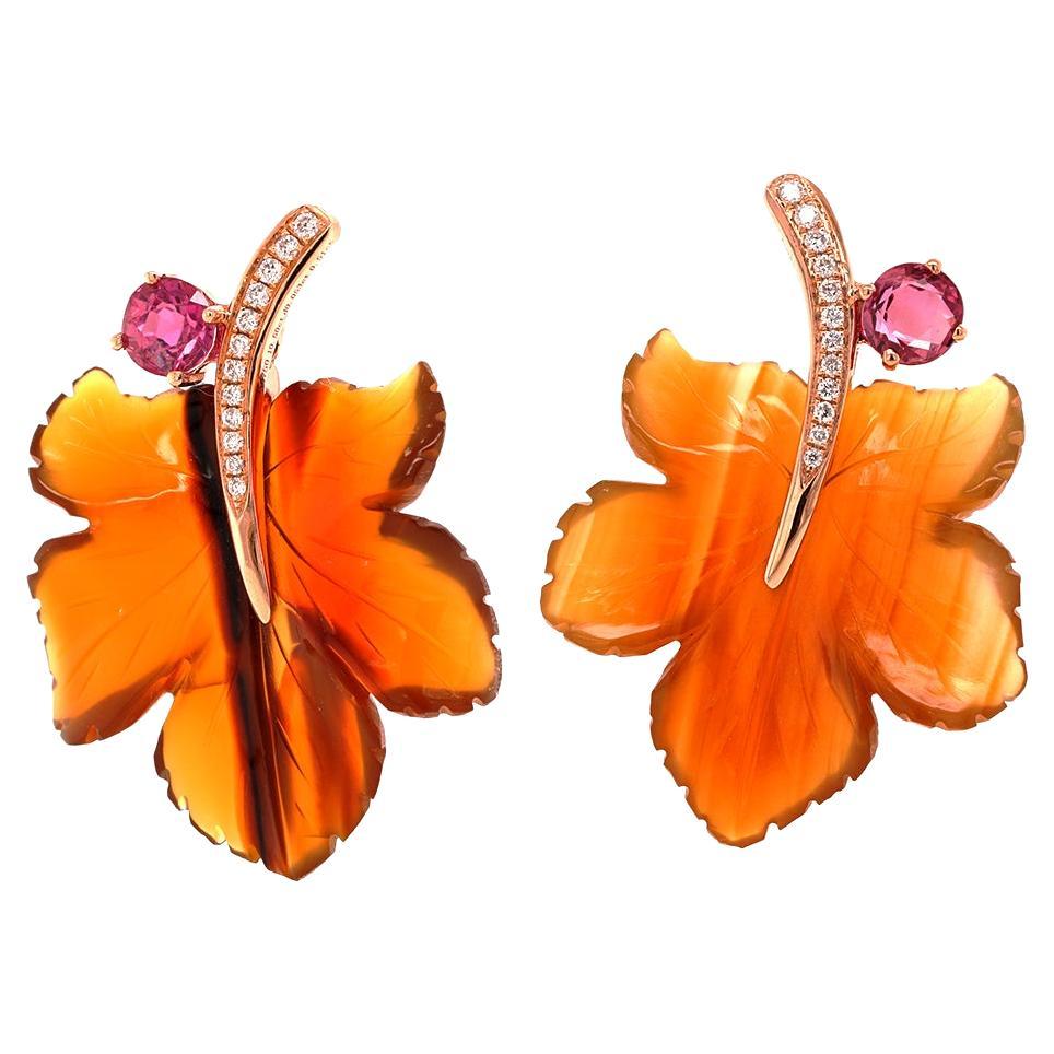 Fei Liu Maple Leaf Carnelian Ruby Diamond 18 Karat Rose Gold Stud Earrings