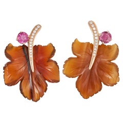 Fei Liu Maple Leaf Carnelian Ruby Diamond 18 Karat Rose Gold Stud Earrings