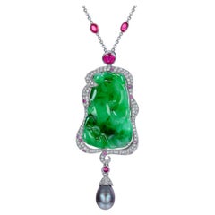 Fei Liu Monkey Carved Jade Pink Sapphire Tahitian 18 Karat White Gold Necklace