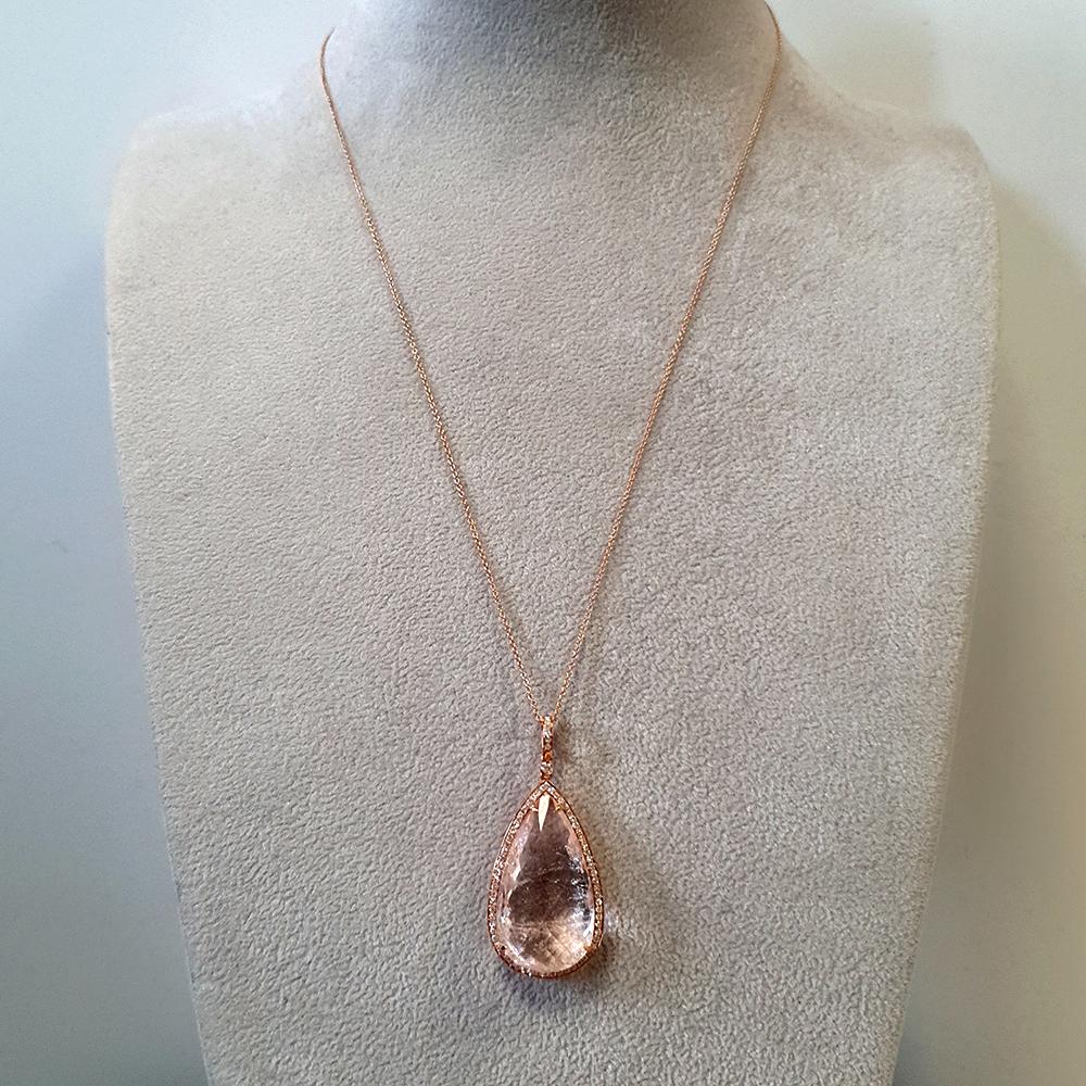Contemporary Fei Liu Morganite and Diamond 18ct Rose Gold Pendant and Drop Earrings Set For Sale