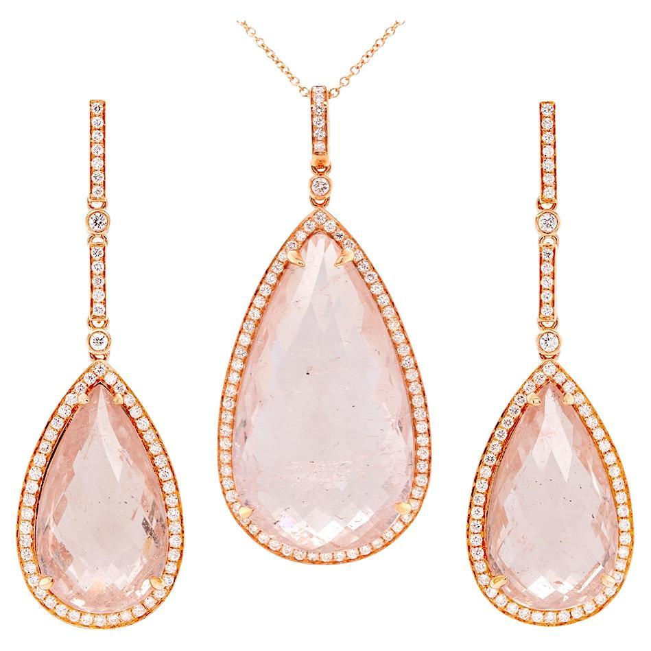 Fei Liu Morganite and Diamond 18ct Rose Gold Pendant and Drop Earrings Set For Sale