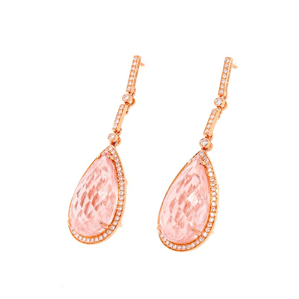 Contemporary Fei Liu Morganite and Diamond Halo 18 Karat Rose Gold Drop Earrings