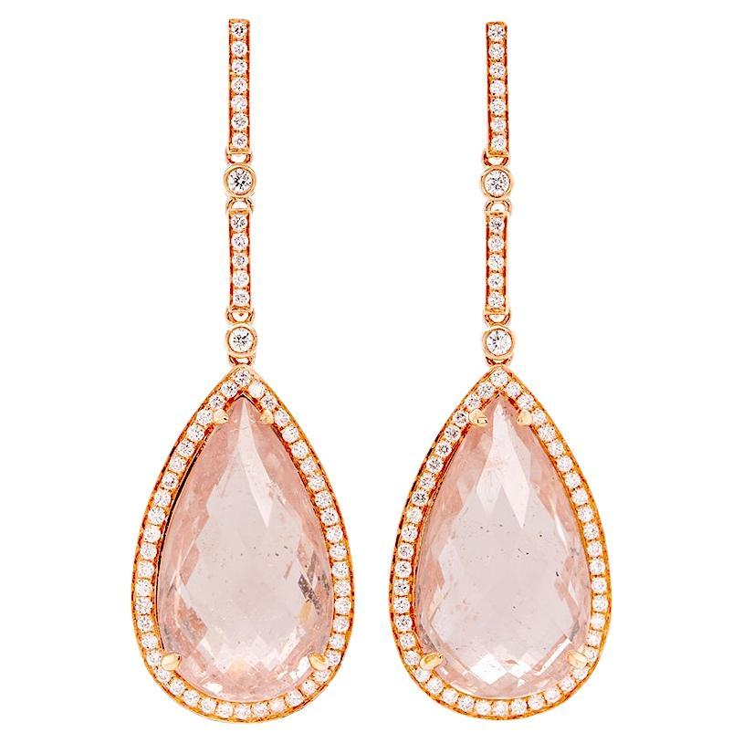 Fei Liu Morganite and Diamond Halo 18 Karat Rose Gold Drop Earrings For Sale