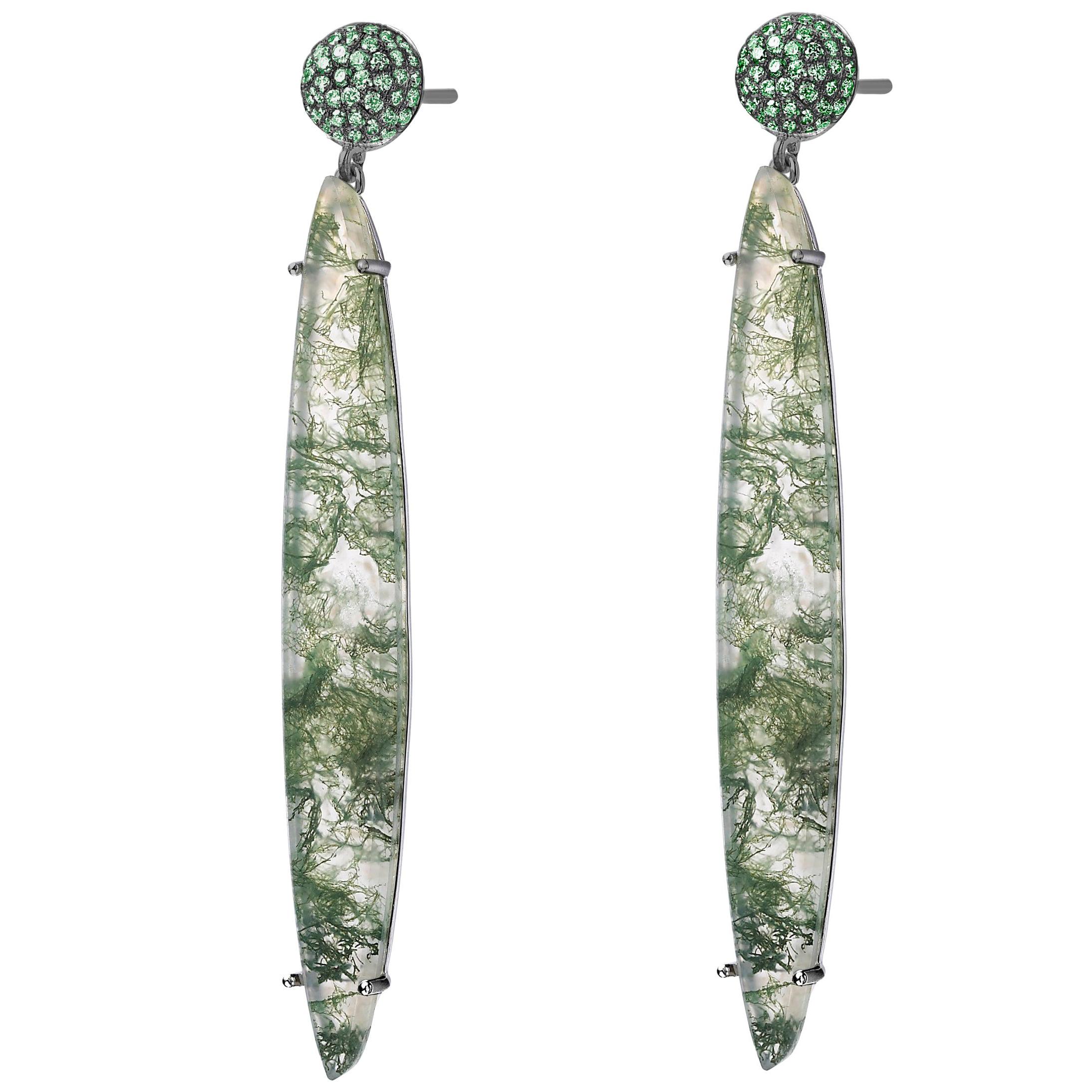 Fei Liu Moss Agate Tsavorite Black Gold Long Drop Earrings