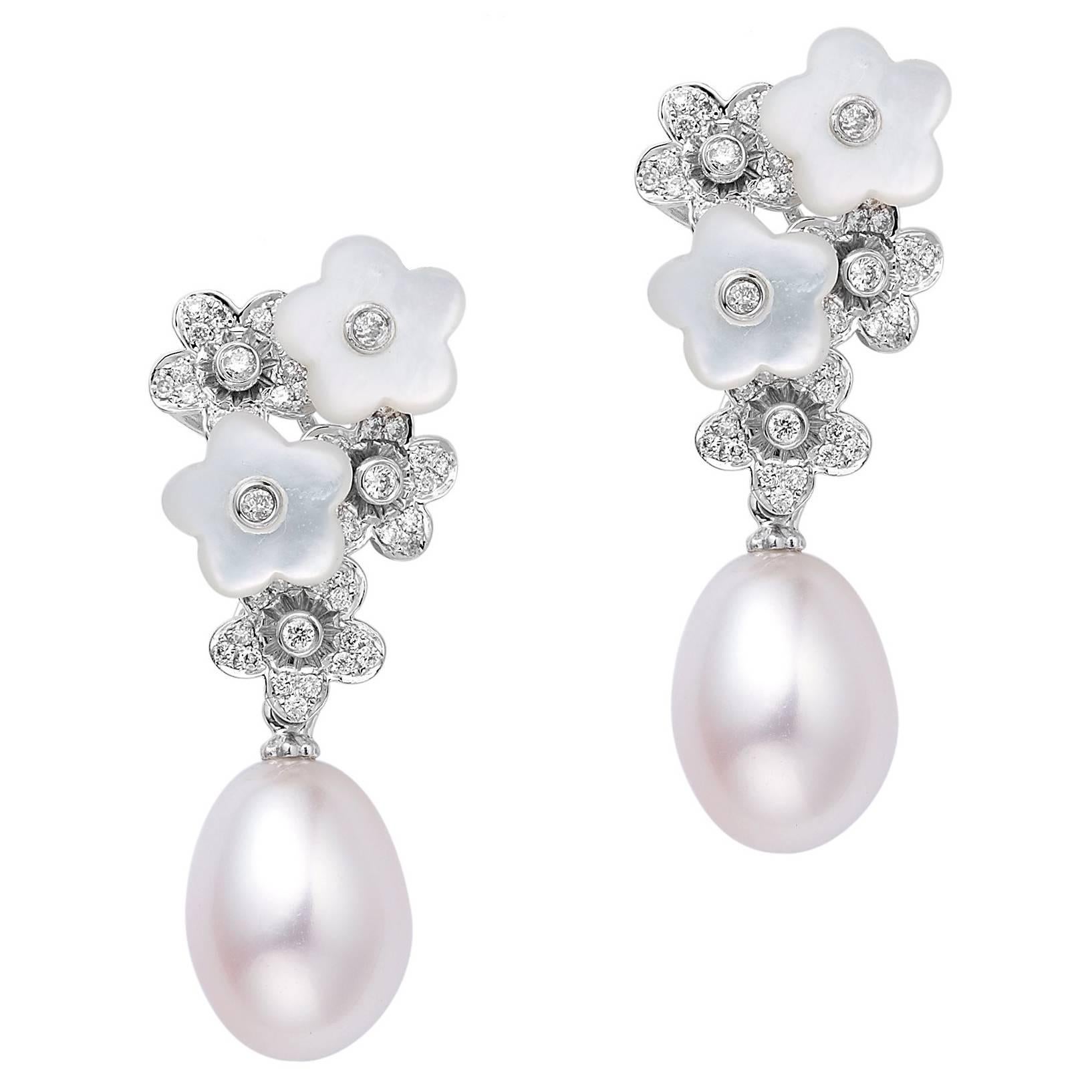 Fei Liu Mother of Pearl Diamond Pearl White Gold Drop Earrings