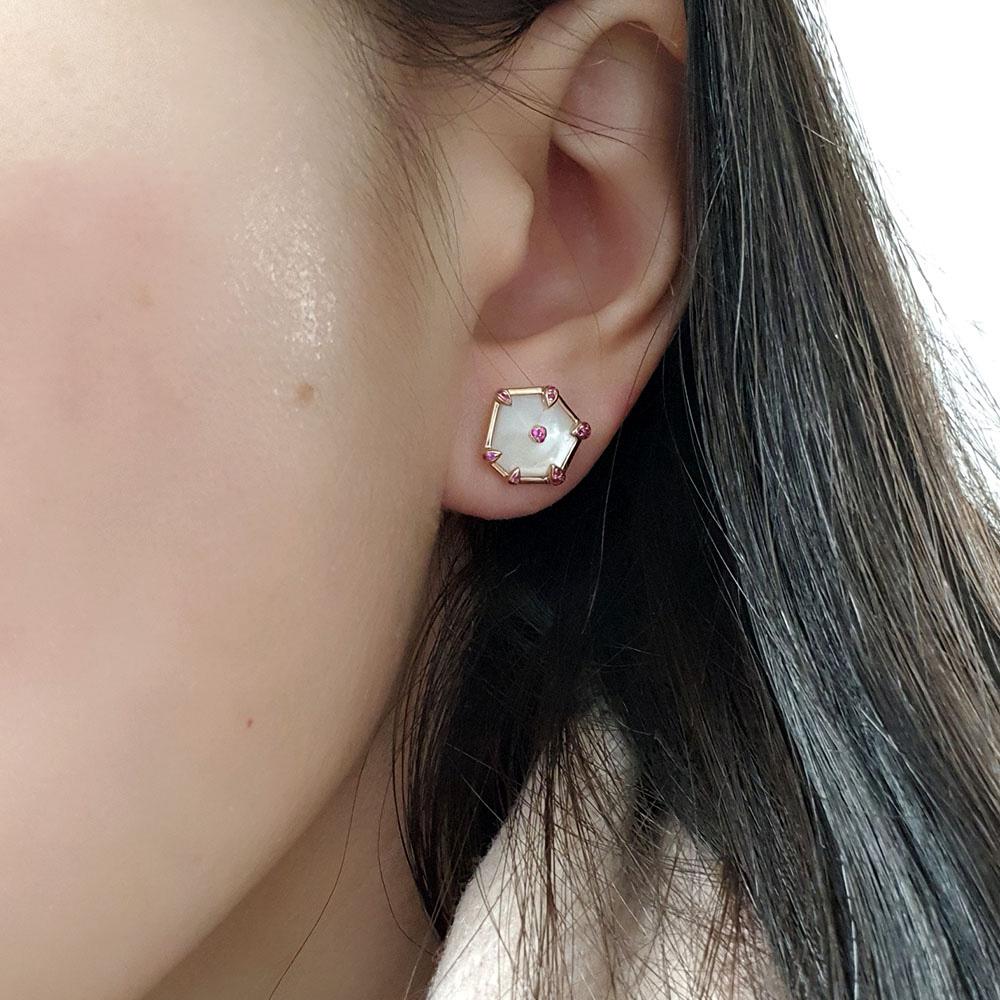 Hexagon Cut Fei Liu Mother of Pearl and Pink Sapphire 18 Karat Rose Gold Kite Stud Earrings