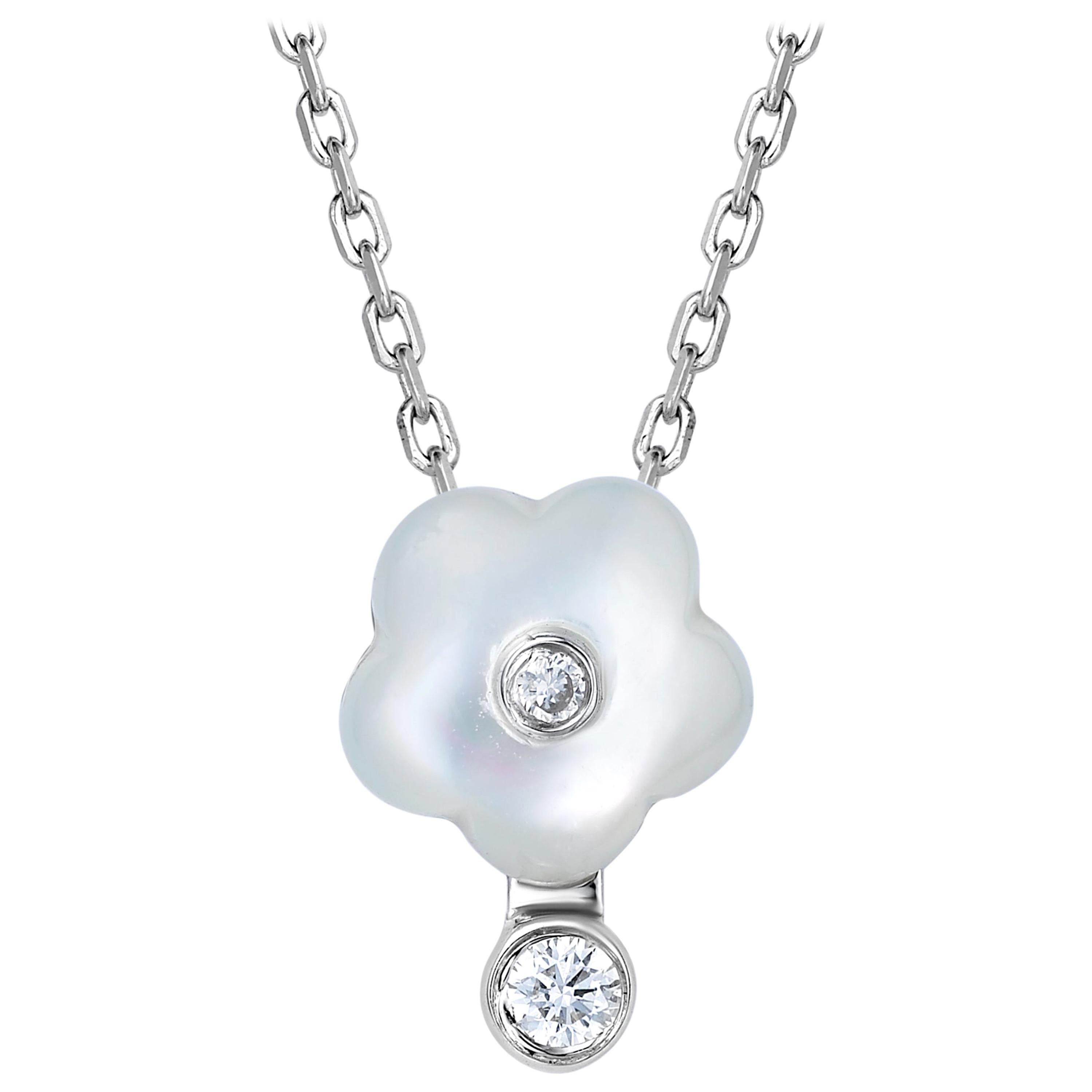 Fei Liu Mother of Pearl Diamond 18 Karat White Gold Flower Pendant Necklace