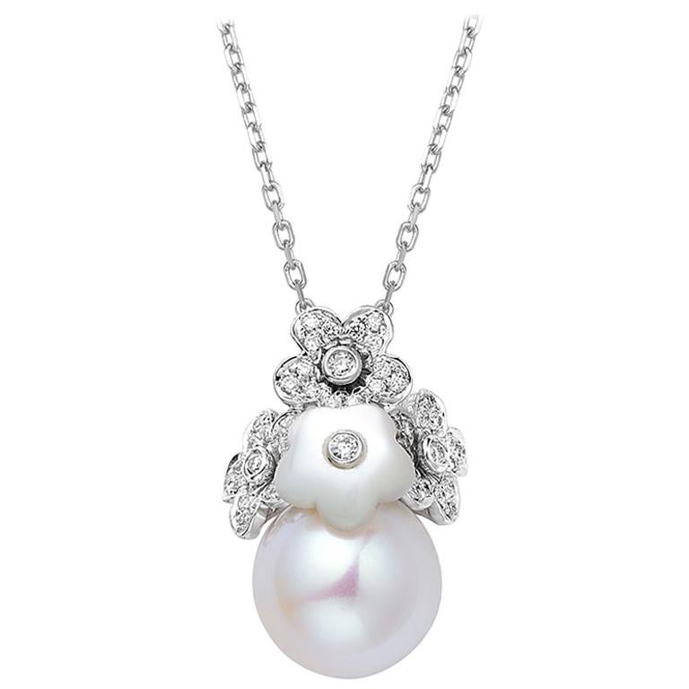 Fei Liu Mother of Pearl Diamond Pearl 18 Karat White Gold Pendant Necklace