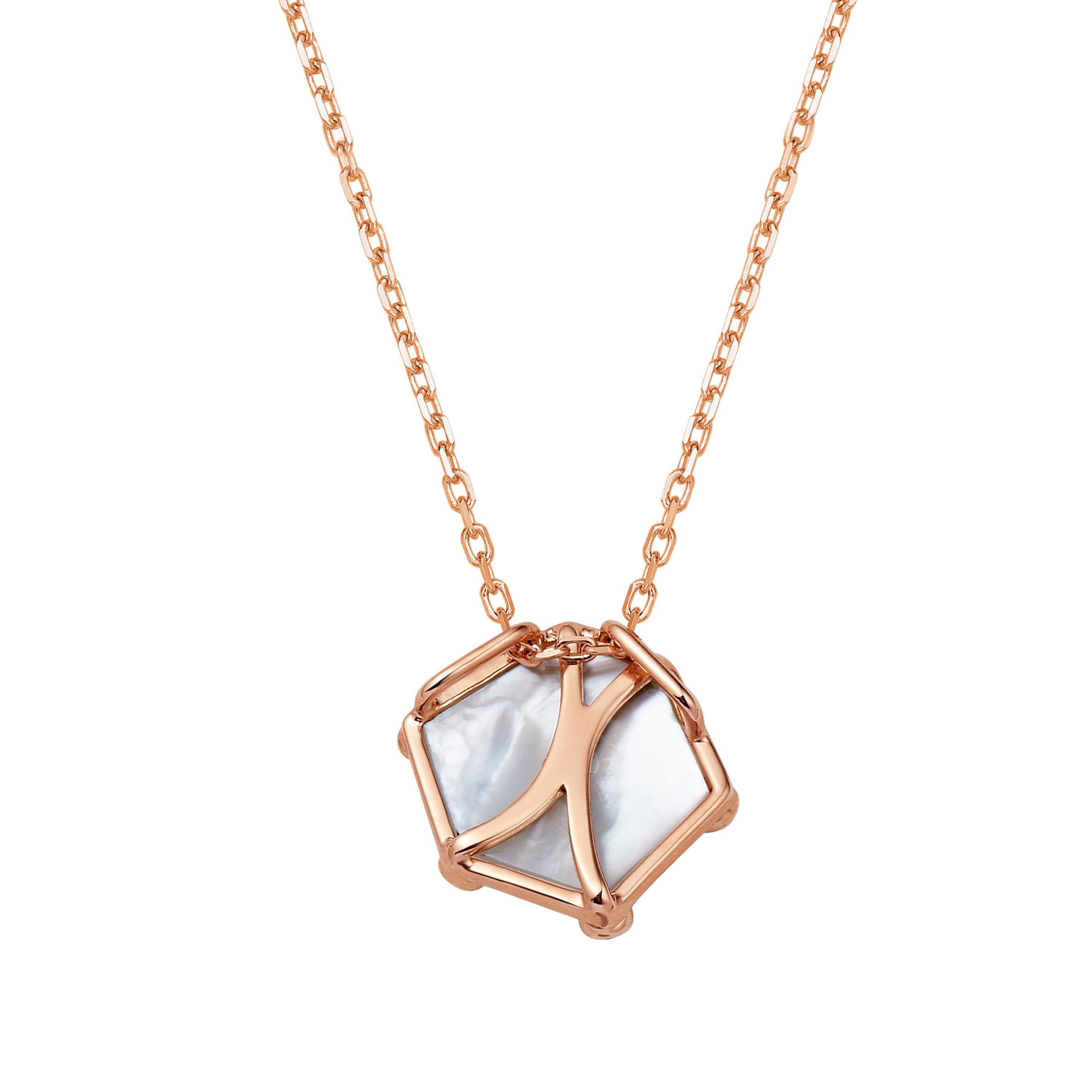 Contemporary Fei Liu Mother of Pearl Pink Sapphire 18 Karat Rose Gold Mini Hexagon Necklace