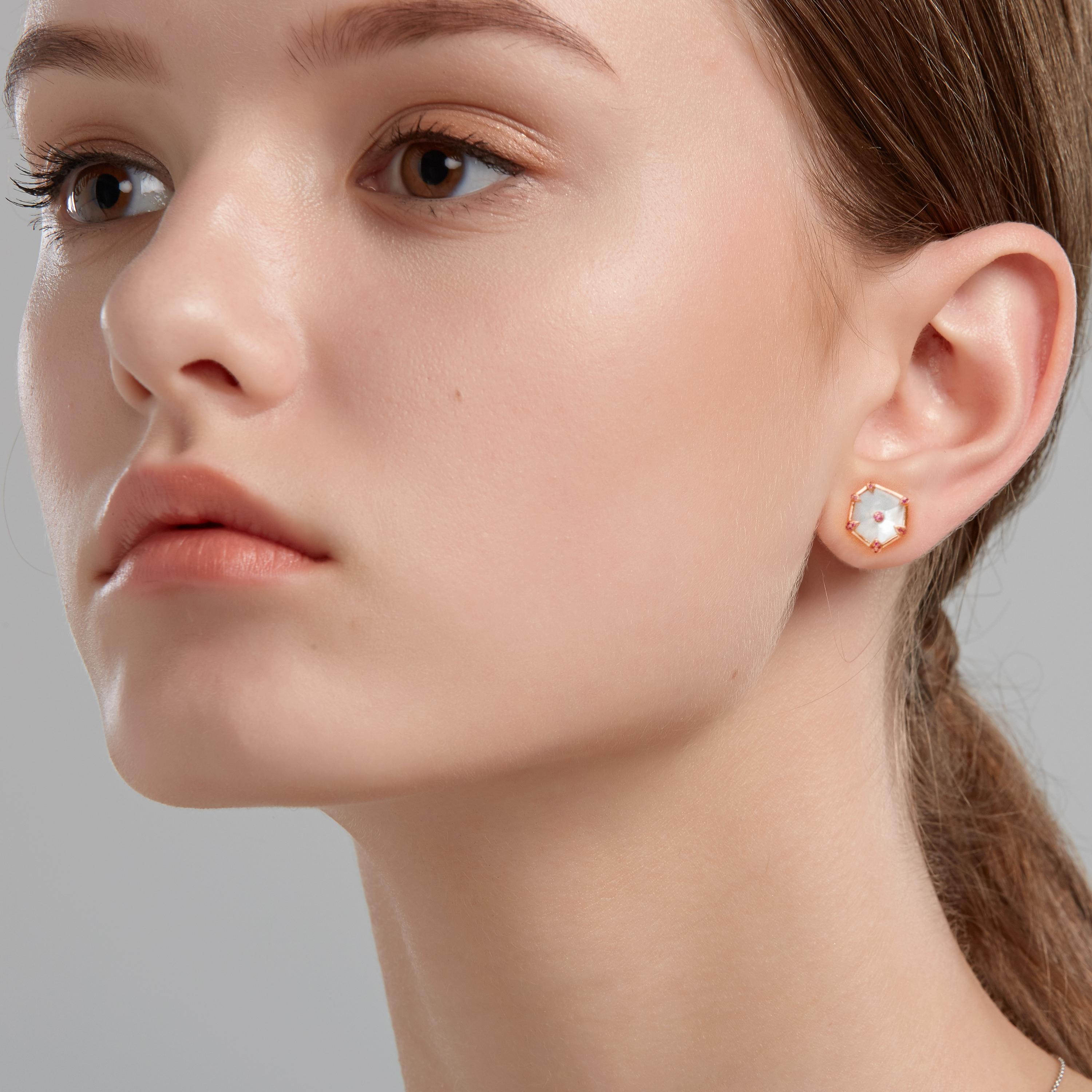 Hexagon Cut Fei Liu Mother of Pearl Pink Sapphire 18 Karat Rose Gold Stud Earrings