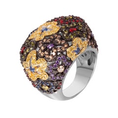 Fei Liu Multi-Colour Cubic Zirconia Rhodium Plated Sterling Silver Dome Ring