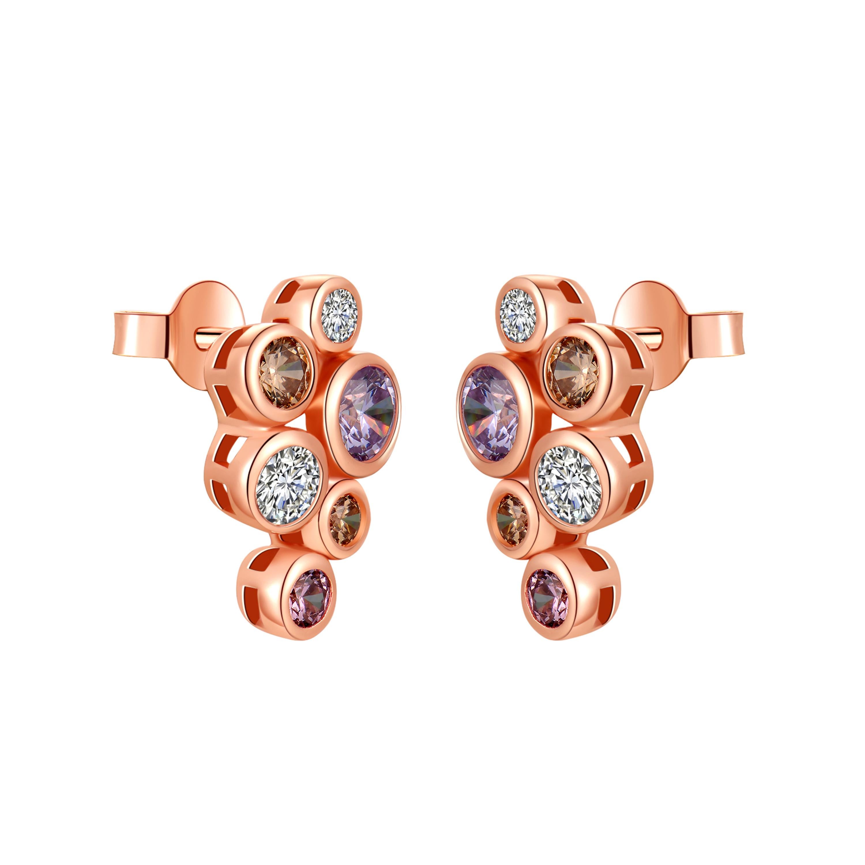 Description:
Bubble stud earrings and necklace with multi-colour cubic zirconia set in 18 karat rose gold plate on sterling silver.

Inspiration:
The Bubble Collection embodies the iridescent beauty and playful charm of bubbles.