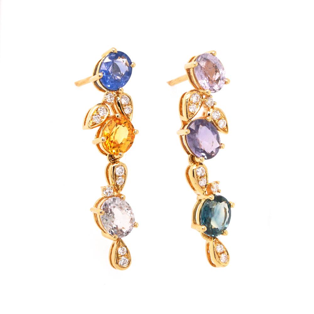 Fei Liu Pendientes de Gota de Zafiro Oval Multicolor y Diamante de Oro Amarillo de 18 Kilates Contemporáneo en venta
