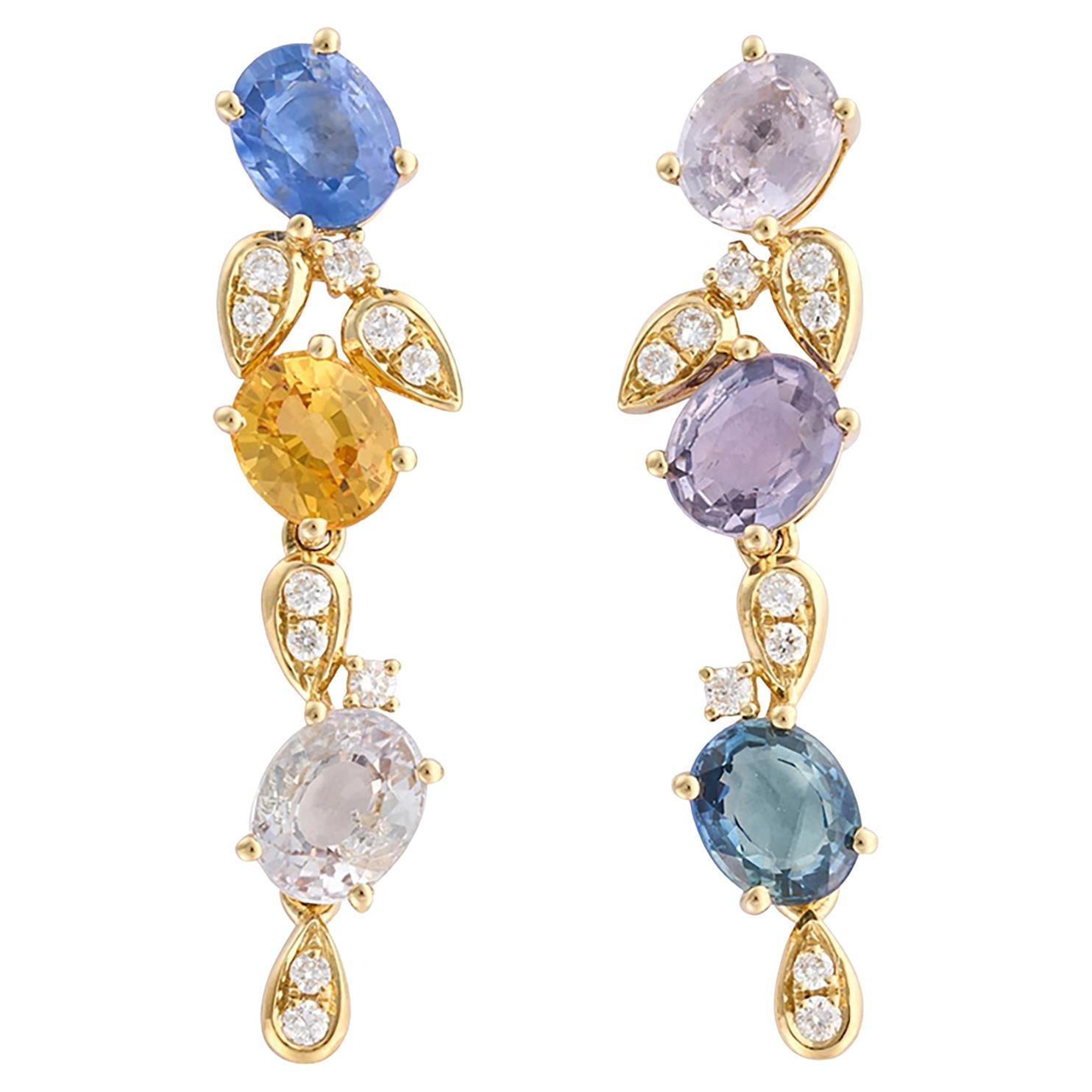 Fei Liu Tropfenohrringe aus 18 Karat Gelbgold mit mehrfarbigem ovalem Saphir und Diamant im Angebot