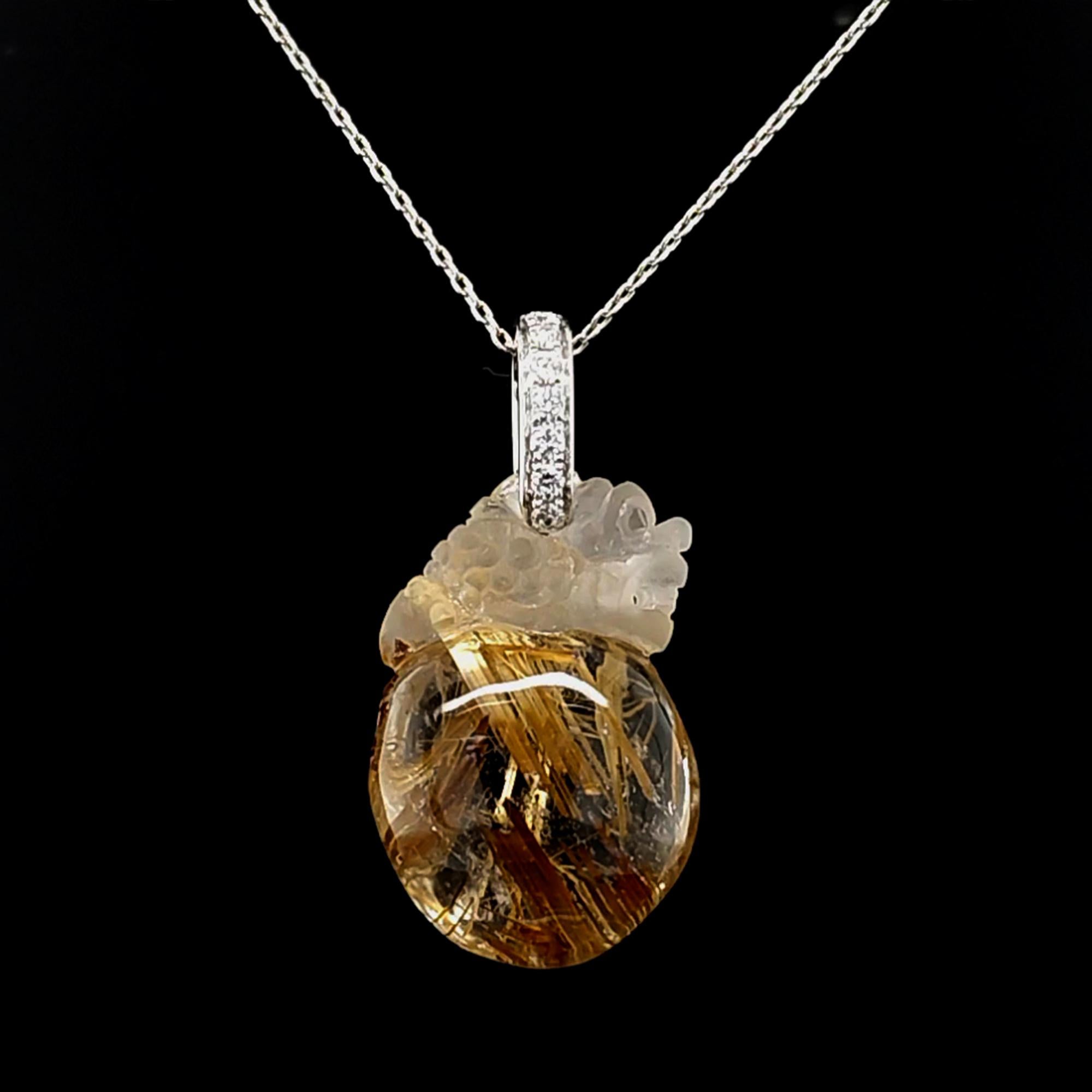 Motivo mitico di Fei Liu, ciondolo in quarzo rutilato e diamanti in platino da 21,89 ct. 3