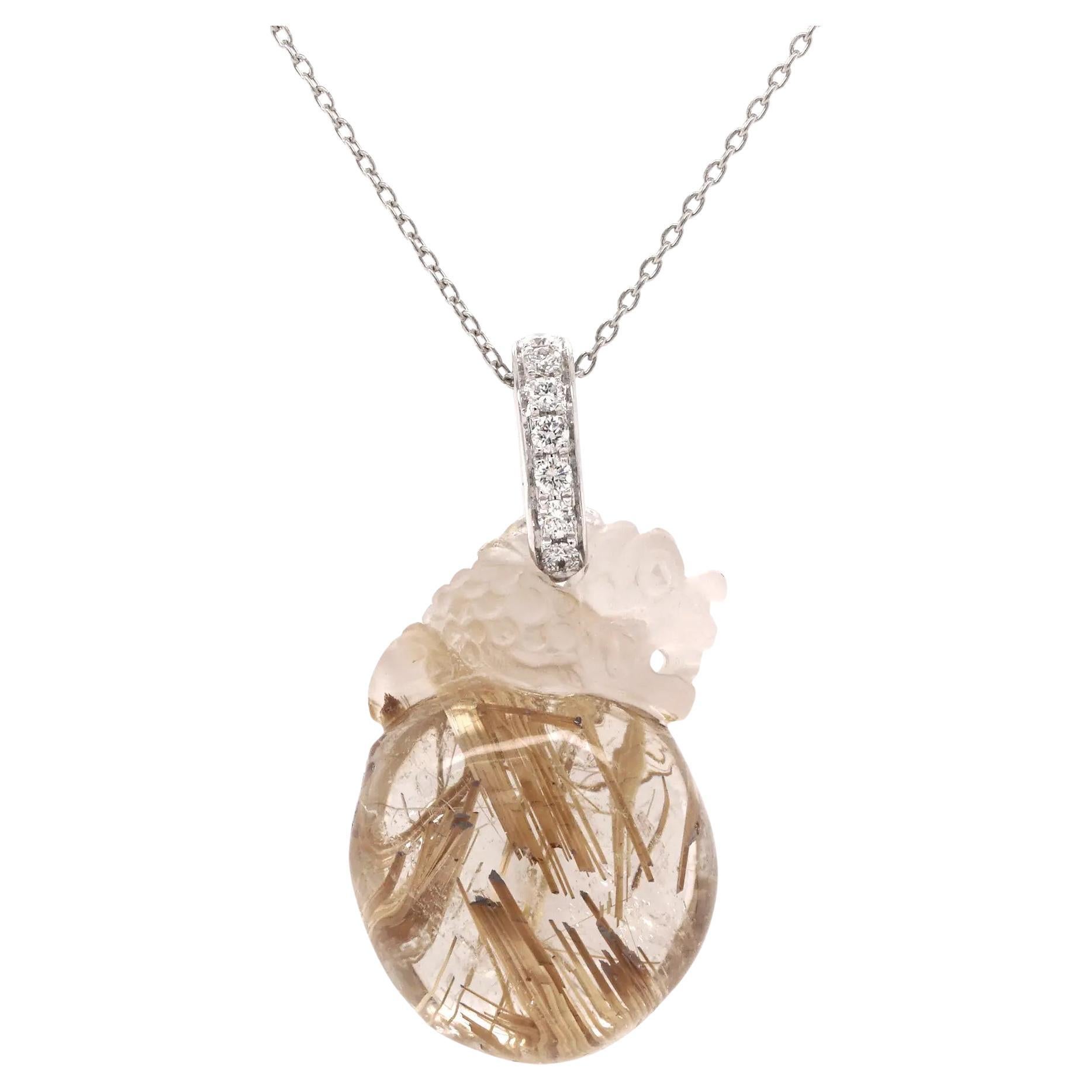 Pendentif en platine avec motif mythique de Fei Liu, quartz rutilé et diamant de 21,89ct