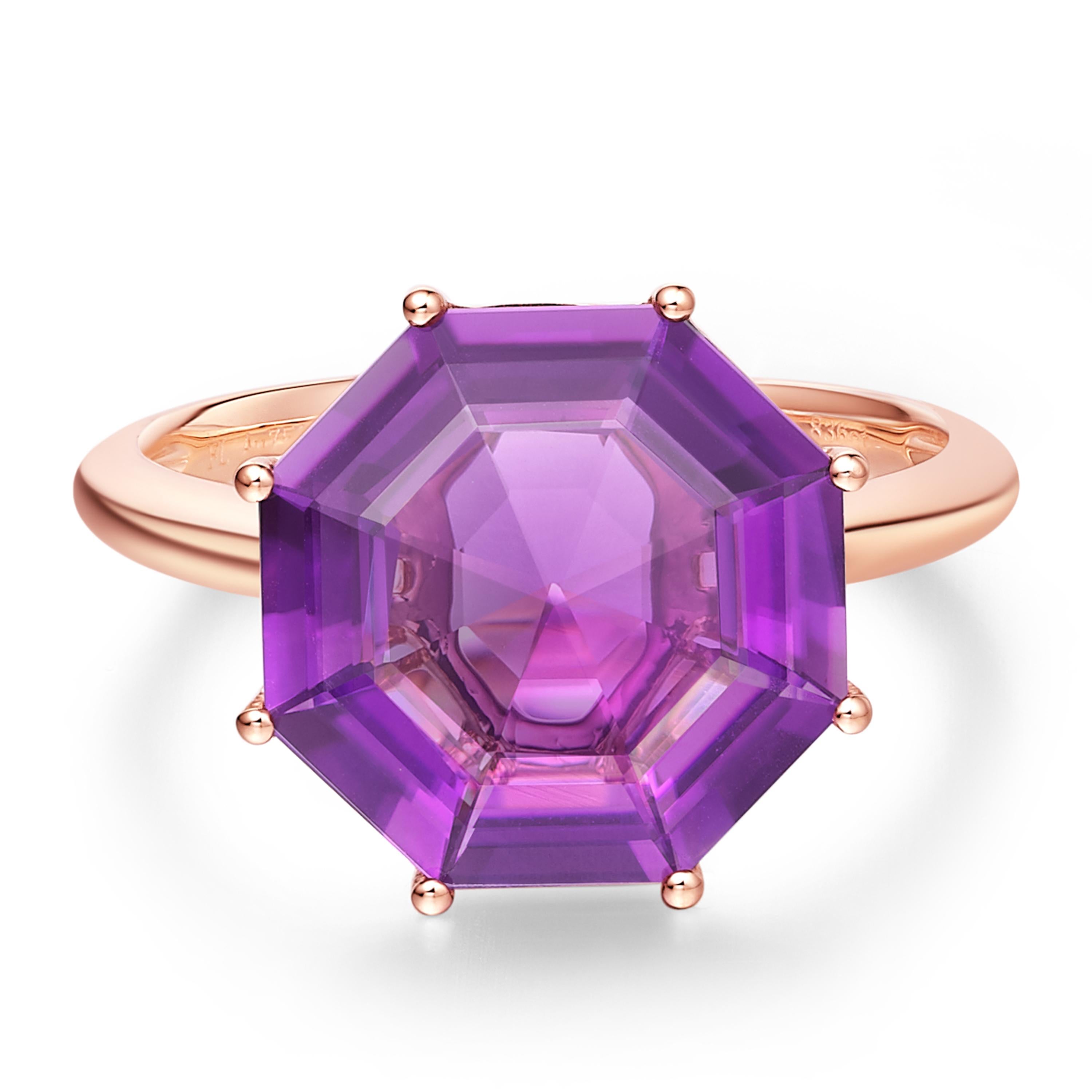 Description:
Victoriana large octagon cut ring with 4.80ct purple amethyst set in 18ct rose gold.

Ring sizes available: N (UK) / 6.75 (US) 

Inspiration:
A deluxe 18ct gold collection inspired by Victorian design. Fei Liu’s Victoriana collection