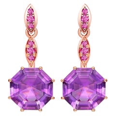 Fei Liu Octagon Purple Amethyst Pink Sapphire 18 Karat Rose Gold Drop Earrings