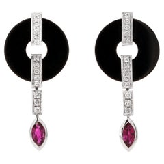 Fei Liu Onyx Ruby Diamond Art Deco 18 Karat White Gold Drop Earrings