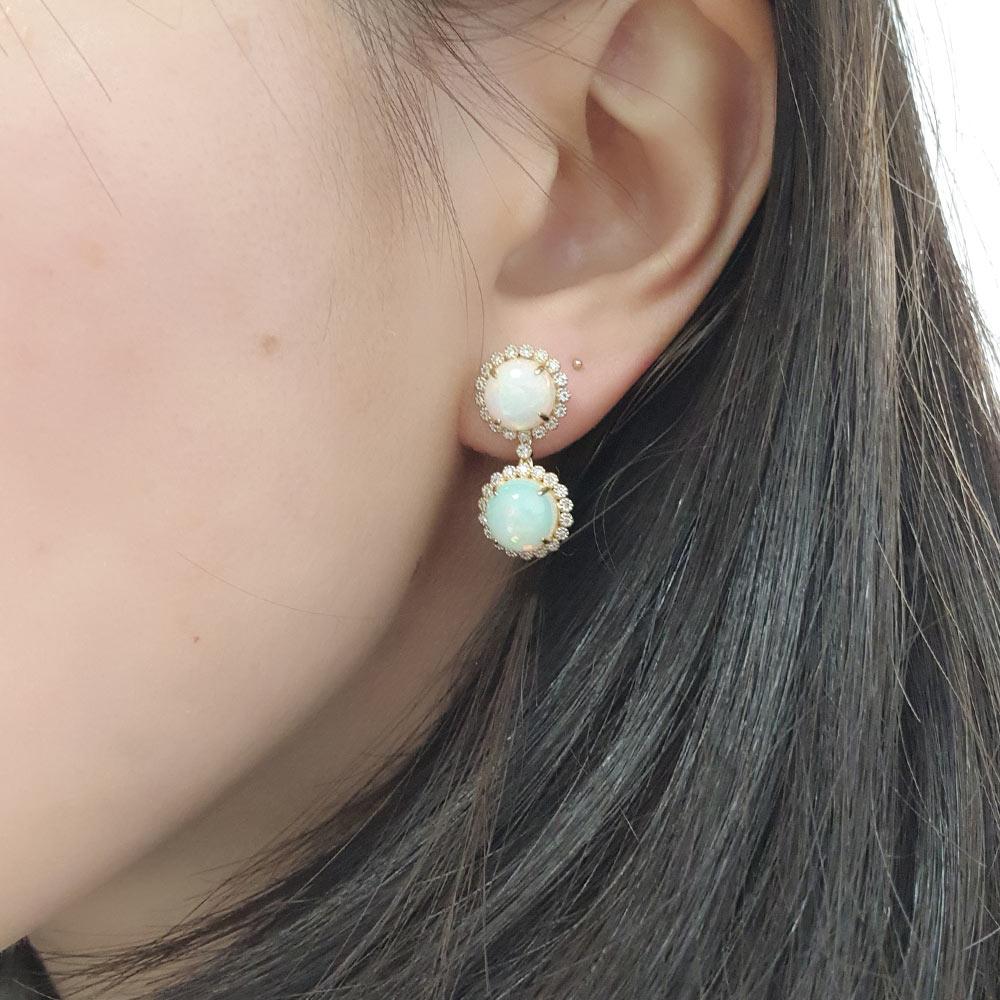 Contemporary Fei Liu Opal and Diamond 18 Karat Yellow and White Gold Drop Earrings For Sale