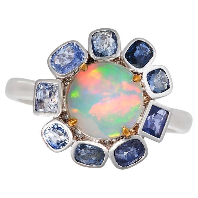 Fei Liu Opal and Sapphire 18 Karat White Gold Cluster Ring For Sale