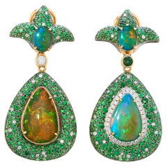 Fei Liu Opal Demantoid Garnet Diamond 18 Karat Gold Drop Earrings