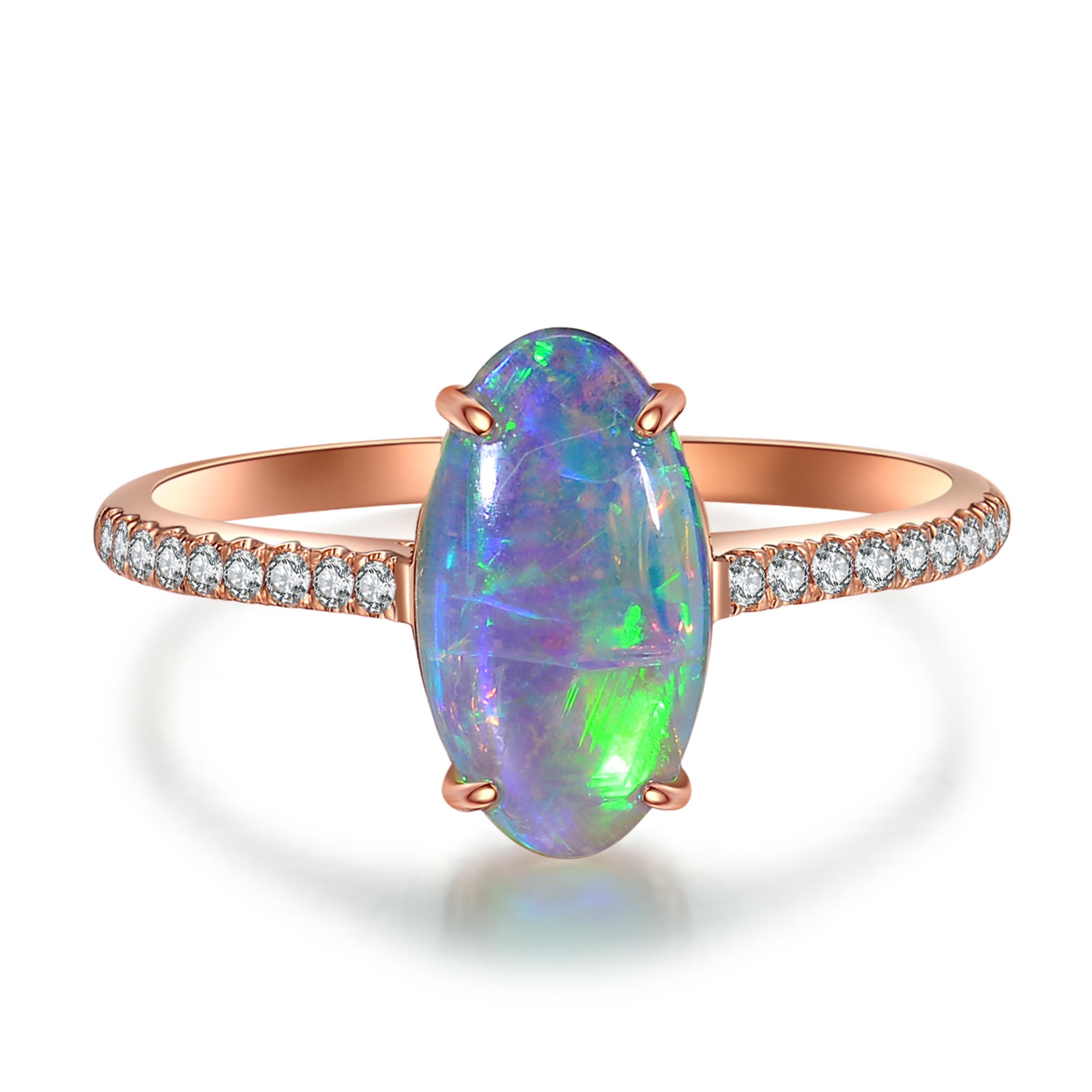 Description:
A one-off prismatic opal ring featuring a stunning play-of colour 2.19ct opal and shoulder set 0.115ct diamonds, set in 18ct rose gold. 

Opal care: Clean opals with lukewarm soapy water.

Specification:
Weight: 1.77gm
Ring size: N (UK)