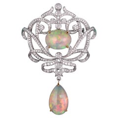 Fei Liu Opal Diamond 18 Karat White Gold Filigree Pendant Brooch