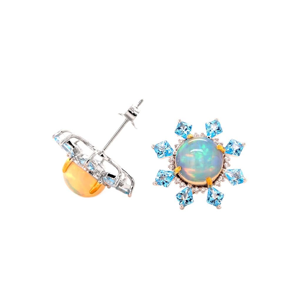 Contemporary Fei Liu Opal, Diamond and Blue Topaz 18 Karat Stud Earrings For Sale