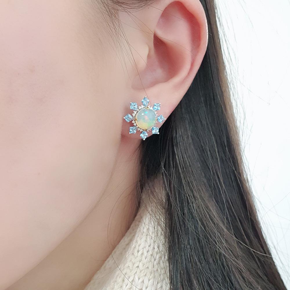 Mixed Cut Fei Liu Opal, Diamond and Blue Topaz 18 Karat Stud Earrings For Sale
