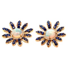 Fei Liu Opal, Diamond and Sapphire 18 Carat Yellow Gold Stud Flower Earrings