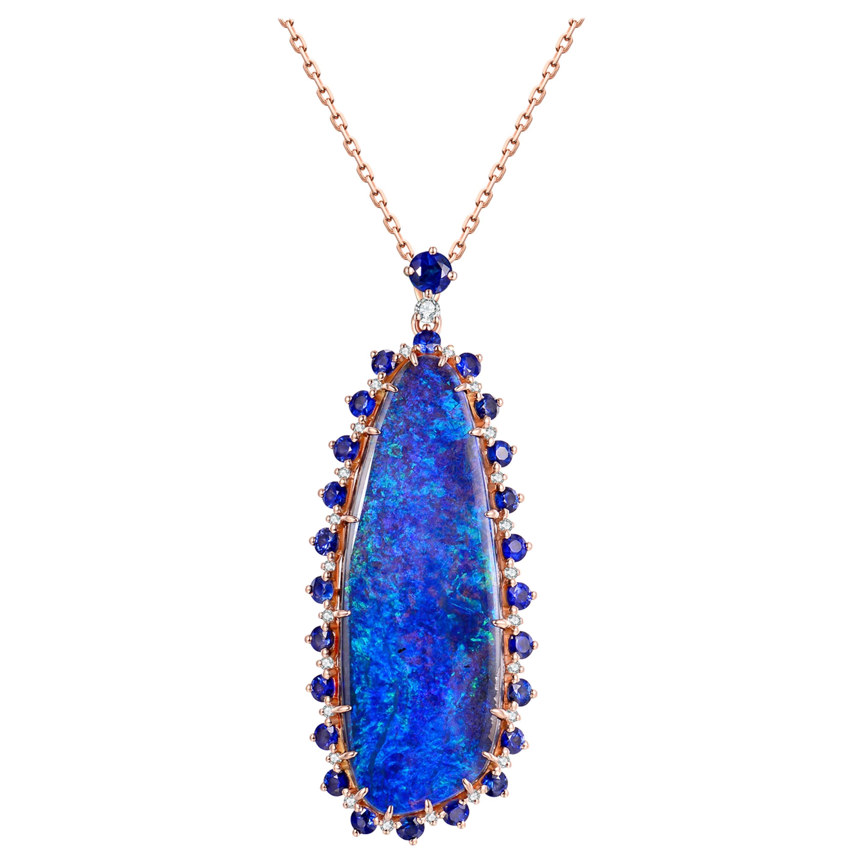 Opal Diamond Blue Sapphire 18 Karat Rose Gold Asymmetric Pendant Necklace