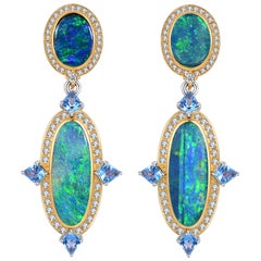 Fei Liu Opal Diamond Blue Topaz 18 Carat Yellow Gold Drop Earrings
